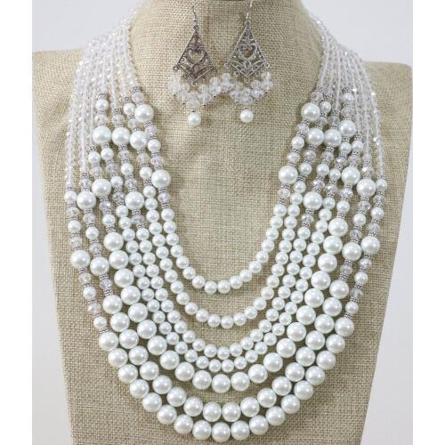 Anniversary 7 rows necklace earrings white round shell simulated-pearl rhinestone crystal abacus elegant jewelry B1296