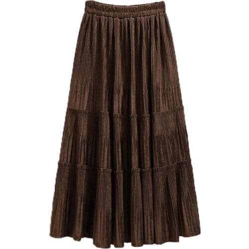 YYCZF Solid Color Female Vintage Long Velvet Pleated Skirt Women AU Elegant Fashion Ladies Thin High Waist A line Skirt