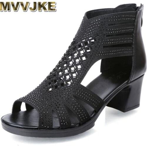 MVVJKE2020 genuine leather sandals women summer shoes fashion ladies high heels summer sandals woman party shoes square heel 6cm