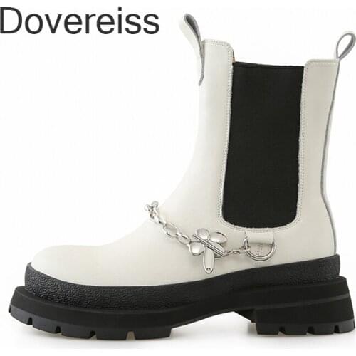 Dovereiss Fashion Womens Shoes Winter Metal Chain White Round toe Genuine Leather Concise Ankle boots Block Heels Mature 33 40
