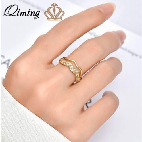 QIMING Double Line Wave Style Boho Women Rings Stackable Korean Jewelry Zircon Crystal Gold Color Adjustable Ring Gift