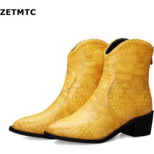 2019 Autumn Winter Casual Western Cowboy Ankle Boots Women Snake Leather Cowgirl Booties Short Cossacks botas High Heels Shoes