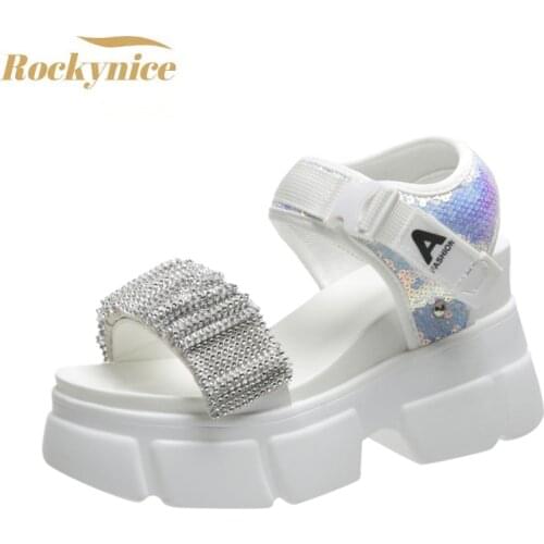 Women Chunky Platform Sandals Summer Mesh Beach Slippers Woman Wedges Walking Ladies Buckle Sandalias Bling Casual Footwear 8cm