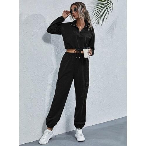 2021 Summer New Womens Fashion Sexy Solid Stand Collar Zipper Lace Up Crops Tops Elastic Waist Pockets Full Haren Pants Ladies