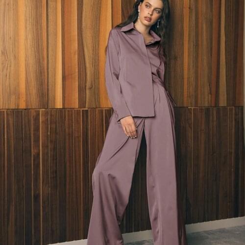 Solid Satin Solid Womens 2 Pieces Suit Loungewear Shirt Tops Wide Leg Pants Oversize Ladies Casual Sets 2021 Summer Homewear