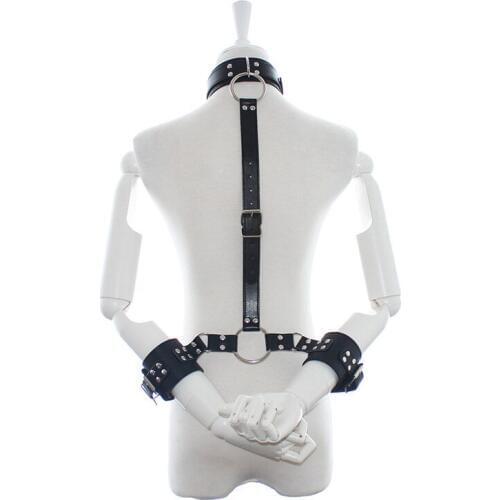 PU Leather Neck Collar Restraint Wrist Hand Cuffs Harness Shackles Bondage Slave BDSM Adult Games Sex Toys for Women Men Couples