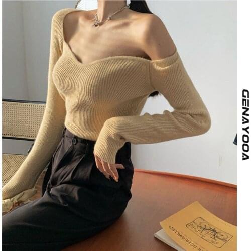 Genayooa Lonng Sleeve Thin Sweater Women Slim Sexy Autumn Spring Knitted Tops 2021 Off Shoulder Elastic Pullover Ladies Jumper