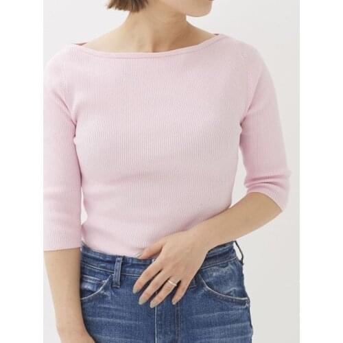Limited High Quality Ladies Ribbed Cotton Blend Slash Neck Knit Pullover Top