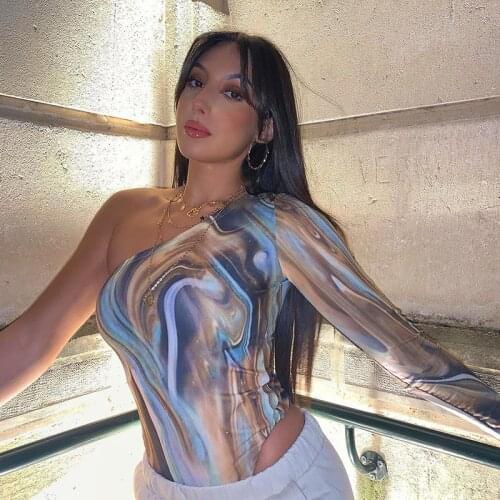 Women’s Casual Long-sleeved Bodysuit Fashion Irregular Printing One-shoulder Diagonal Collar Jumpsuit