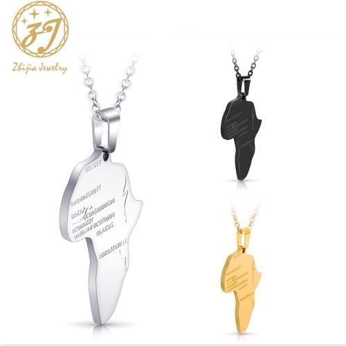 Zhijia Stainless Steel Gold/ Rose Gold Color Map of Africa Pattern Pendant Necklace Men/Women Hip Hop African Jewelry