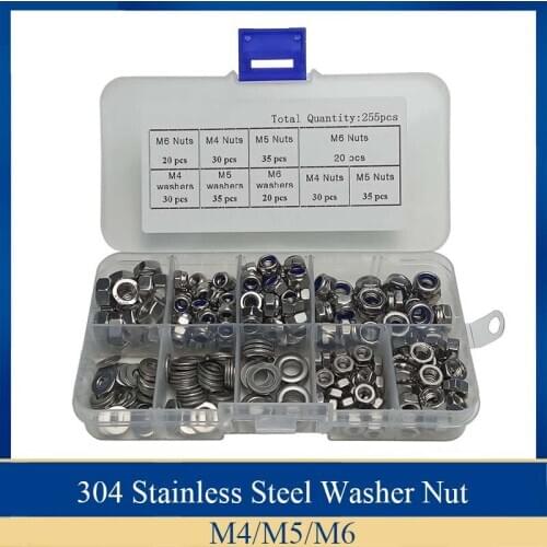 255PCS/Set M4 M5 M6 Hexagon Stainless Steel Lock Nuts Flat Washers Screw Nut Metal Ring Gaskets Plain Washer Assortment Kit