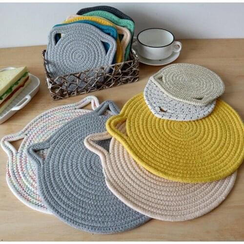 4pcs/lot Cotton Thread Coaster Cute Cat Ears Shape Placemat Hang Dining Mat Heat Insulated Pad Kitchen Accessories