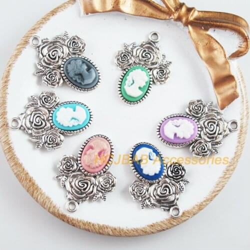 6 New Oval Charms Tibetan Silver Tone Retro Beauty Mixed Resin Pendants 23x32mm