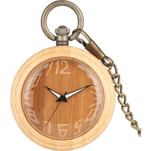 Bronze Bamboo Case Pocket Watches Creative Carving Arabic Numerals Dial Practical Alloy Pendant Chain Gift Unisex