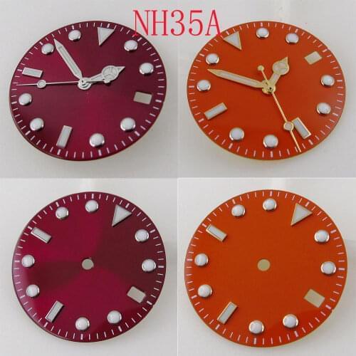 28.5mm Orange/Red Watch Dial+Watch Hands Sterile Watch Face Fit For NH35/NH35A Automatic Movement Date Window Luminous