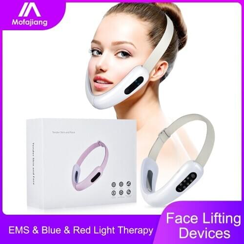 EMS V Face Lift Devices Lifting Up Chin Belt Machine Slimming Tool Massager Red Blue LED Photon Therapy Galvanic Heat Vibration