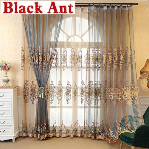 Europe Luxury Delicate Sheer Curtain for Living Room Embroidered Voile Curtain for Bedroom Velvet Bottom Tulle Drape X716#40