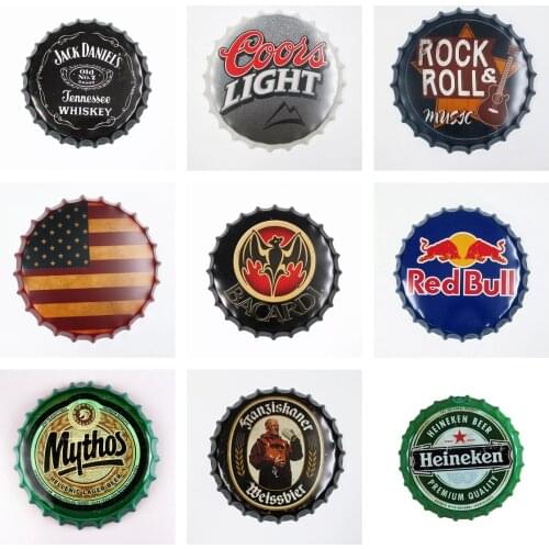 Round Beer Bottle Caps Metal Tin Signs Capsules Plates Retro Wall Art Plaque Vintage Cafe Bar Pub Home Decor