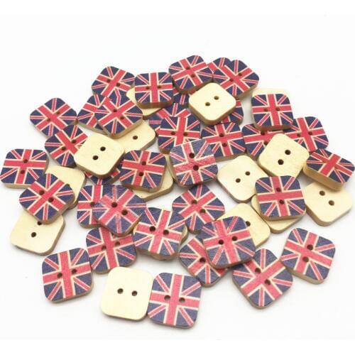 200pcs 15mm Natural Wood Square Buttons UK Flags Embellishments Scrapbooking Cardmaking Sewing 2 Holes BUTTON