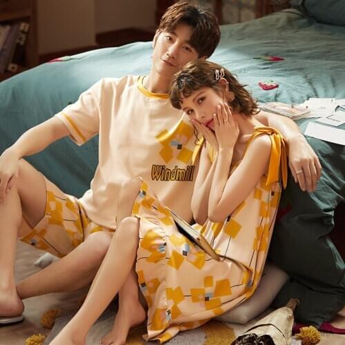 Summer Couple Pyjamas Sexy Women knitted Knee-Length Cotton Nightgowns Men Pajama Sets Geometric Lingerie Night Sleepwear Shorts