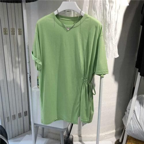 Fashion Design Solid Pleated Drawstring Women T-Shirts Summer New 2021 O-Neck Short-Sleeved Casual All Match Female Pulls Tops