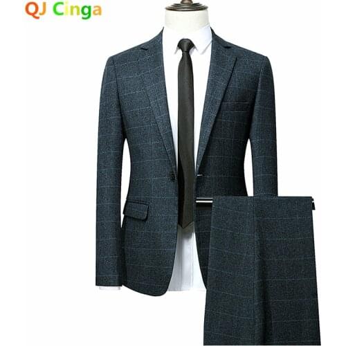 QJ CINGA Brand New Navy Blue Check 2 Piece Suit for Men Single Breasted V-Neck Jacket and Trousers Autumn/Winter Mens Suits