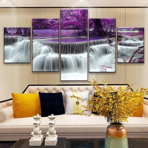 Canvas Wall Painting Waterfall Purple Tree Landscape Art Print Poster Wall Decoration Home Decor 5 Panel Picture Friends Gift