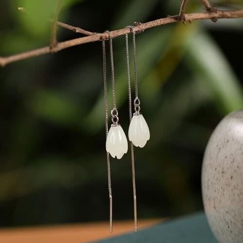 Natural 925 sterling silver mosaic hetian jade ear line individuality magnolia retro temperament women earrings