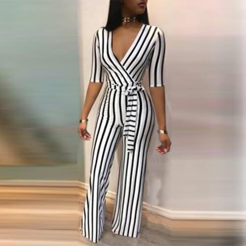 Latest Fashion Striped Jumpsuits Elegant Women Deep V-Neck Overall Pants With Belt Casual Slim Fit Jumpsuit