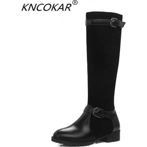 KNCOKAR 2018 new autumn and winter fashion PU flat round head metal accessories fashionable womens boots big size (35-43)
