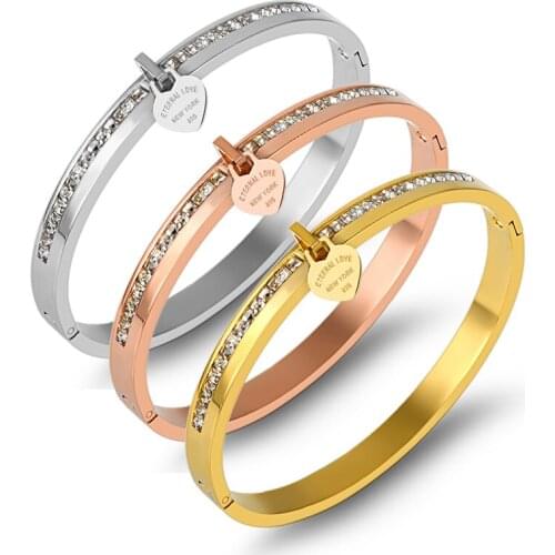 New Trendy Stainless Steel CZ Lovers Bracelets Bangles for Women Crystal Gold Plating Cuff Wristband Trendy Female Girl Jewelry
