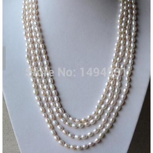 Wholesale Pearl Jewelry - White Color 100 Inches Long 6-7mm Rice Shape Genuine Freshwater Pearl Necklace - Free Shipping