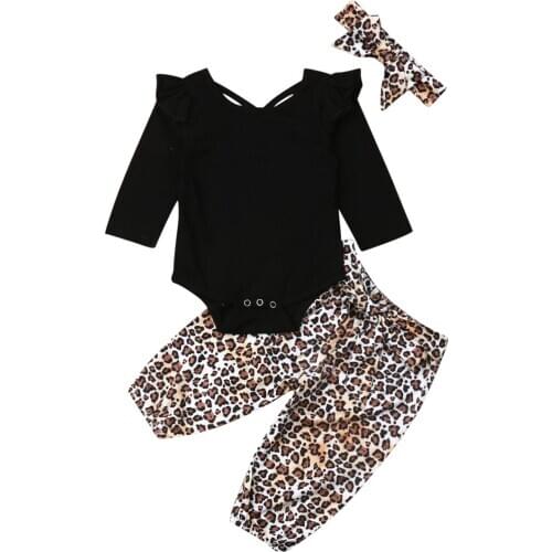 3M-3Y Cute Toddler Kids Baby Girls Clothes Long Sleeve Solid Romper+Leopard Trousers +Headband 3pcs Outfits Set