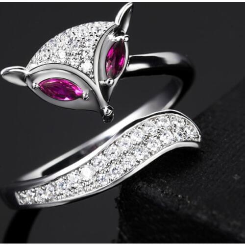 Open Size Rhinestone Silver color Fox Rings with Fushia Pink Stone Eye Adjustable Animal Finger Ring for Women Jewelry