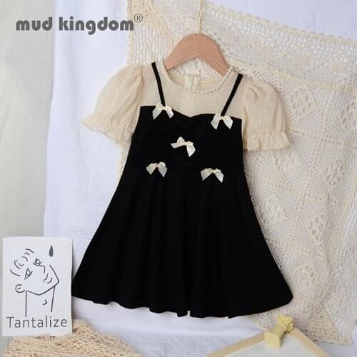Mudkingdom Princess Dresses for Girls Bow-knot Puff Sleeves Sling Pearl Crew Neck Zipper Summer Dresses Kids Cute Clothes