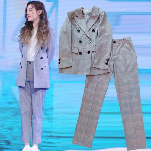 Celebrity Celebrity Style Slim Fit Gray Plaid Slimming Fashion Casual Street Versatile Small Suit Coat WOMENS SuitTwo-Piece Set