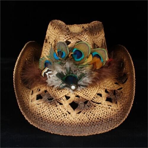 Handmade Women Straw Western Cowboy Hat Summer Lady Beach Feather Sombrero Hombre Straw Panama Cowgirl Jazz Sun Cap