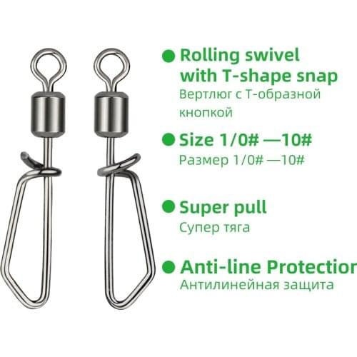 TIANNSII 100/50pcs Fishing Rolling Swivels Connector with Snap 10#-1/0# For Fishhook Lure Tackle Carp Fishing Accessories
