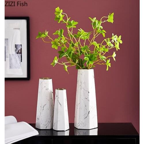 Modern Hexagonal Marbled Ceramic Vase Floral Arrangement Dried Flower Desktop Ornament Gilded Vase Luxury Home Decor Accessories