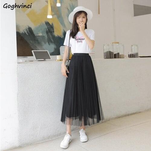 Skirts Women Summer Loose Solid Fashion Korean Style All-match Holiday Mesh Pleated High Waist Female Comfortable Fairy Elegant