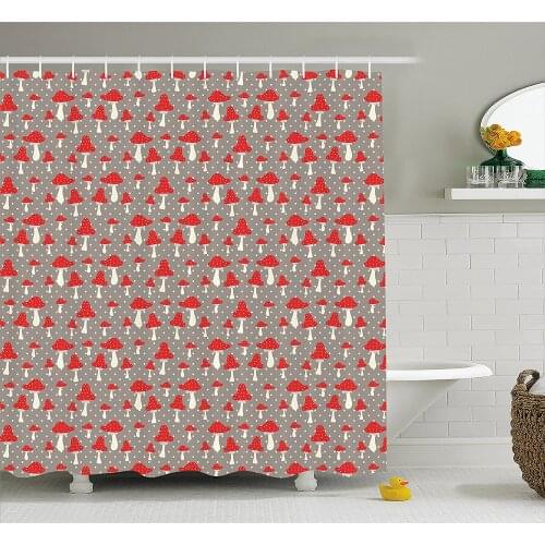 Mushroom Shower Curtain Cute Amanita Mushrooms Pattern with Polka Dotted Backdrop Cartoon Toadstool Home Decor Bathroom Curtains
