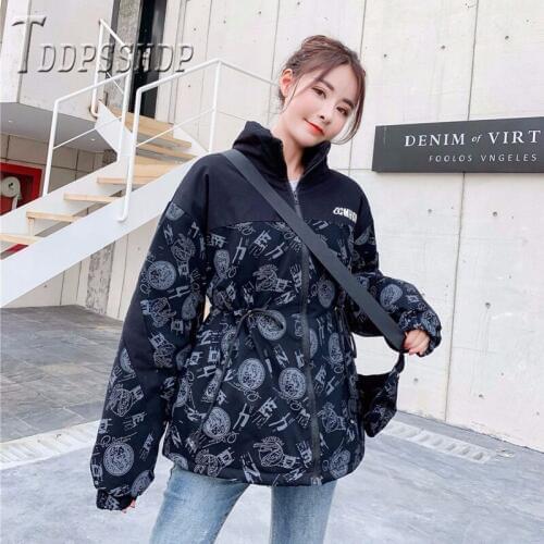 2019 Graffiti Style Women Cotton Padded Jacket Parkas Harajuku Thicken Warm Fashion Coat Jacket