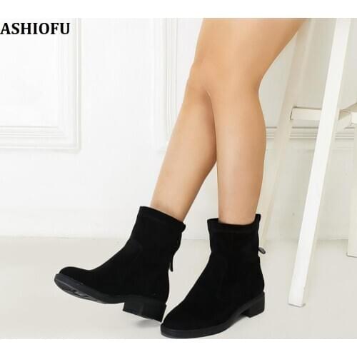 ASHIOFU Handmade Women Boots Low-heel Party Prom Ankle Boots Large Size Evening Fashion Martin Boots Shoes
