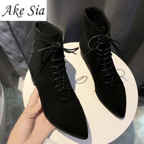 2020 new winter ladies pointed thick with wild black ankle boots female suede side with fashion lace short boots mujer