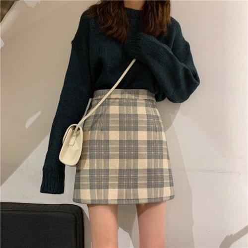 Woman Skirts Winter Plaid Short Skirt Womens A- line Skirt High Waist Winter Faldas Jupe