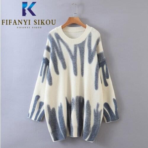 Harajuku Knitted Sweater Women Autumn Winter Thick Warm Fashion Print Pullover O-Neck Long Sleeve Loose Sweaters Female Jumpers