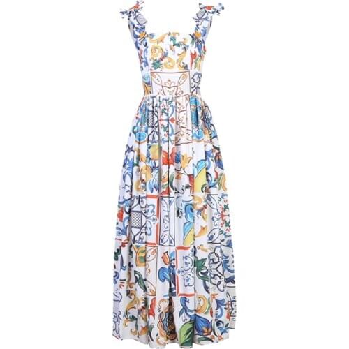 Fashion Runway Summer Dress 2020 Womens Vacation Holiday Vestidos Bow Strap Backless Blue And White Porcelain Floral Long Dress