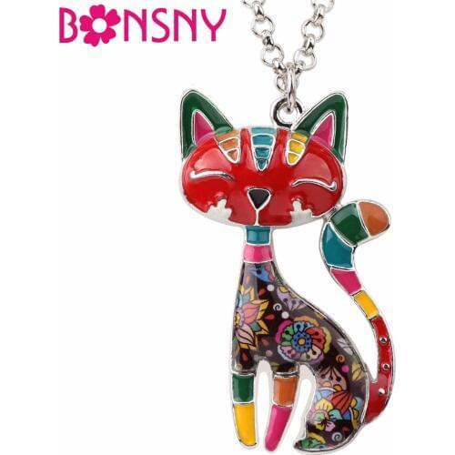 Bonsny Enamel Alloy Smile Cat Kitten Necklace Pendant Choker Chain Elegant Animal Jewelry For Women Girls Pet Lovers Gift Bijoux