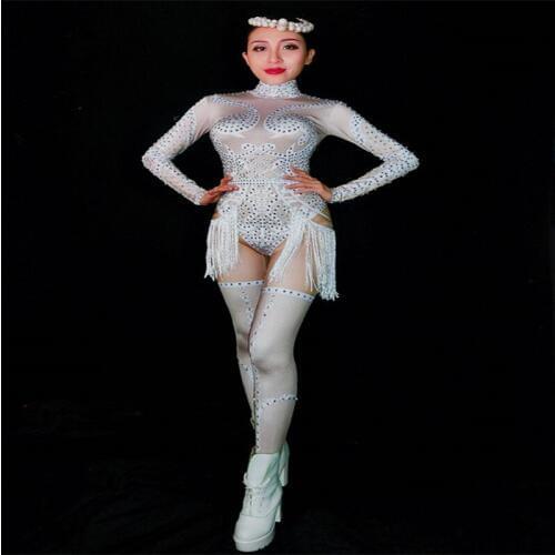 D50 White Rhinestone tassel sexy bodysuit singer crystals jumpsuit dj show wears dress outfits party bar dance costumes stage ds