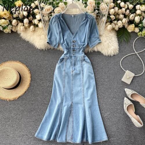 Neploe Denim Dress Women 2021 Summer New Vintage Short Puff Sleeve V Neck Vestidos Single Breasted High Waist Long Dresses 1D892